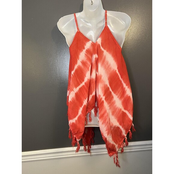 Mimi Shirt Womens Large Red White Tie Dye Cami Tassel Fringe Handkerchief Boho - Picture 5 of 10